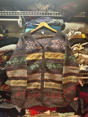 Vintage Hand Knit Wool Cotton Cardigan Sweater Multicolor Fair Isle Women’s XL
